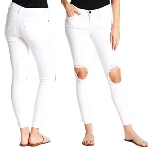 Frame Denim Le Skinny de Jeanne Crop Jean Ripped Knees Raw Hem White 26